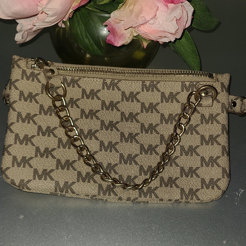 Michael Kors Tan Logo Wristlet with Gold Chain